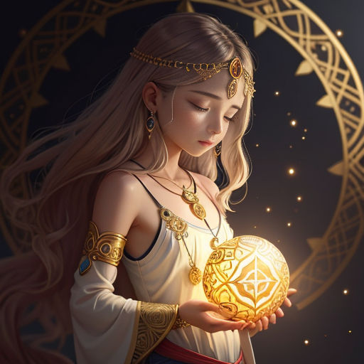 a woman holding a golden ball in her hands with a star in the background and a golden circle around her