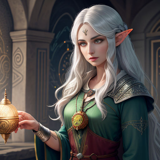 a woman in a green dress holding a golden ball in her hand and a golden necklace on her left hand