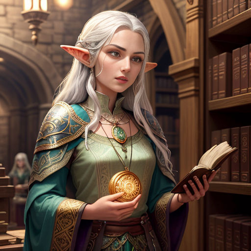 a woman in a green dress holding a book and a golden ball in her hand in a library with bookshelves