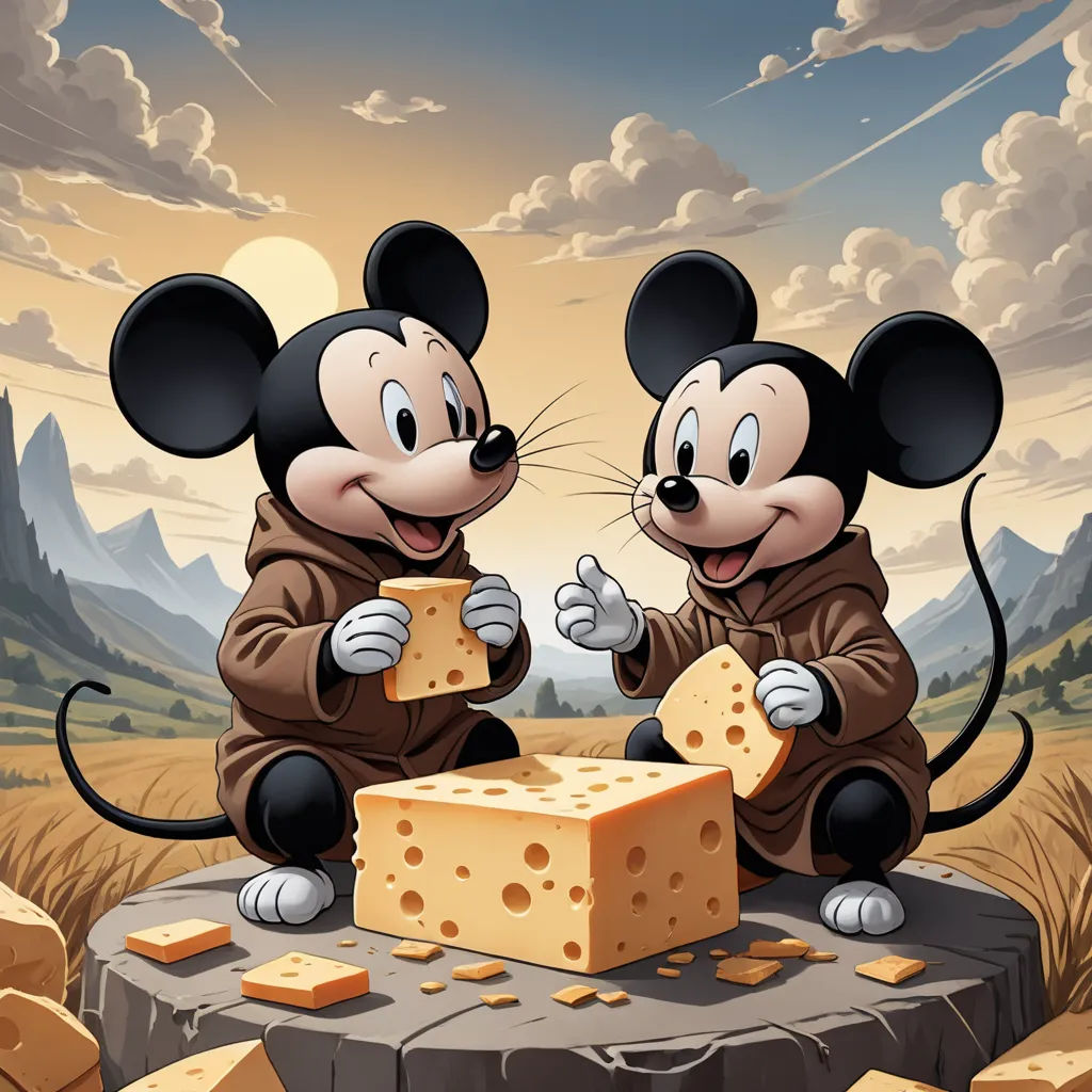 two mouses are eating cheese on a rock in a field with mountains in the background and a sky with clouds, pop surrealism, poster art, Brothers Hildebrandt, josan gonzales and dan mumford