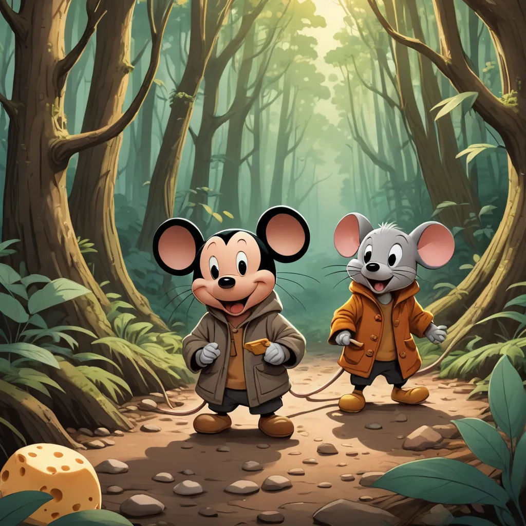 two mice are walking in the woods together with a dog on a leash in front of them, and a mushroom in the background, furry art, a storybook illustration, Dan Mumford, official art