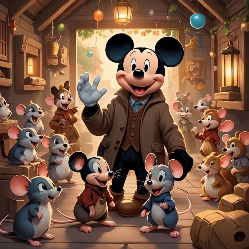 a cartoon mouse with many mice in a room with lights and decorations on the ceiling and a man in a brown jacket, furry art, a storybook illustration, Drew Struzan, official art