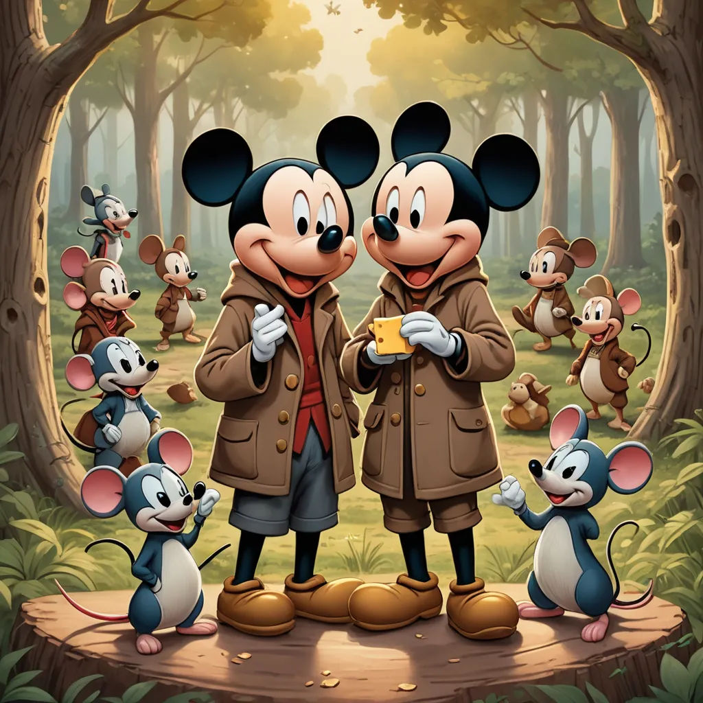 a couple of mickey mouses standing next to each other in a forest with other mouses in the background, furry art, poster art, Brothers Hildebrandt, official art
