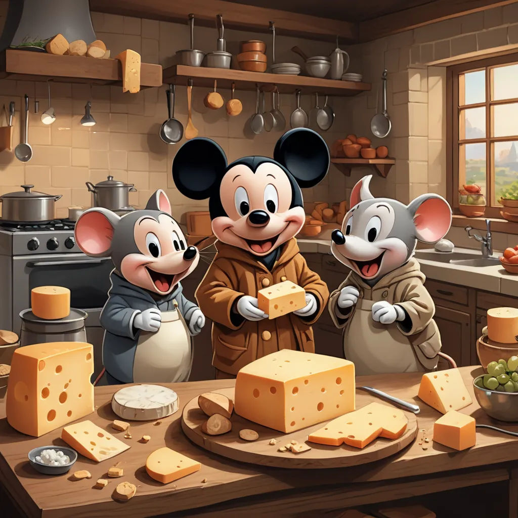 a mouse and two mice are eating cheese together in a kitchen with a mouse and cheese board on the table, furry art, a storybook illustration, Brothers Hildebrandt, official art