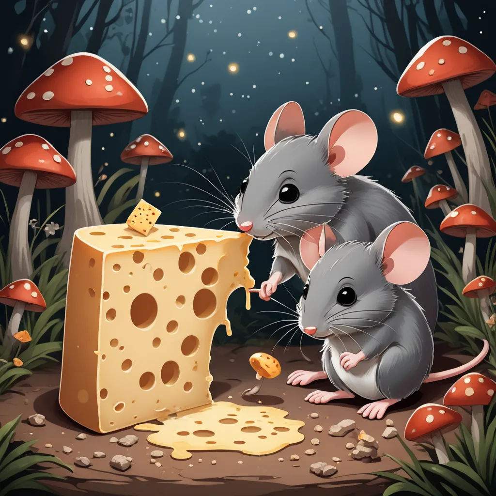 two mice eating cheese in the forest with mushrooms and mushrooms around them illustration by alex krautt, fantasy art, a storybook illustration, Art Spiegelman, storybook illustration