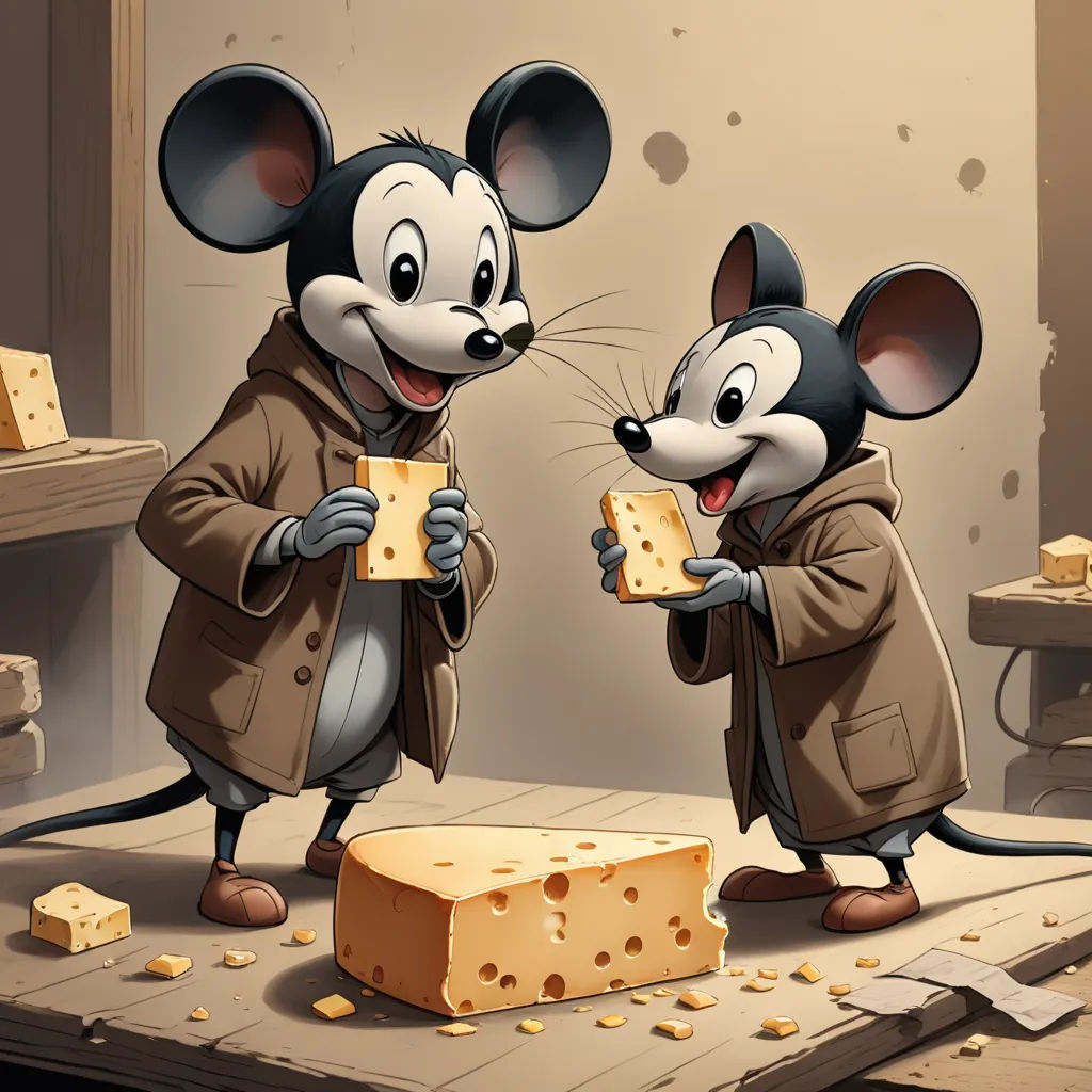 a mouse and a mouse eating cheese together in a room with a wall and a table with a chair, furry art, a storybook illustration, Brothers Hildebrandt, official art
