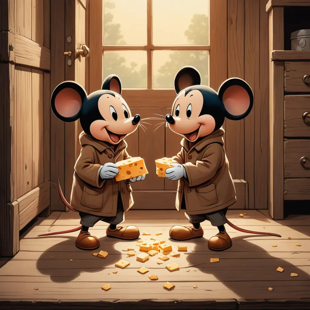 two mouses are eating cheese in a room with a window and a door in the background, and a window with a door open, sots art, a storybook illustration, Brothers Hildebrandt, official art