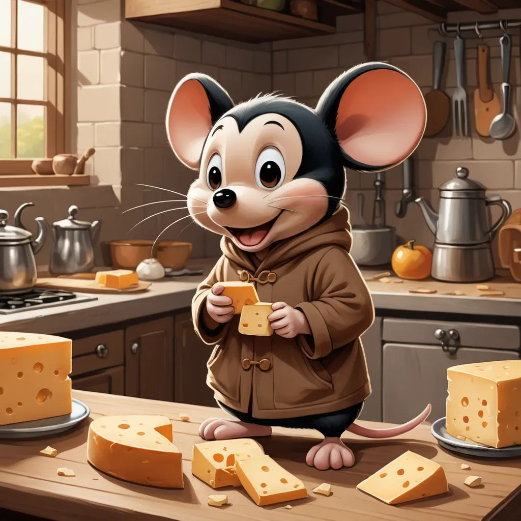 a mouse is eating cheese in a kitchen with a mouse on the counter and a plate of cheese on the counter, furry art, a storybook illustration, Art Spiegelman, storybook illustration