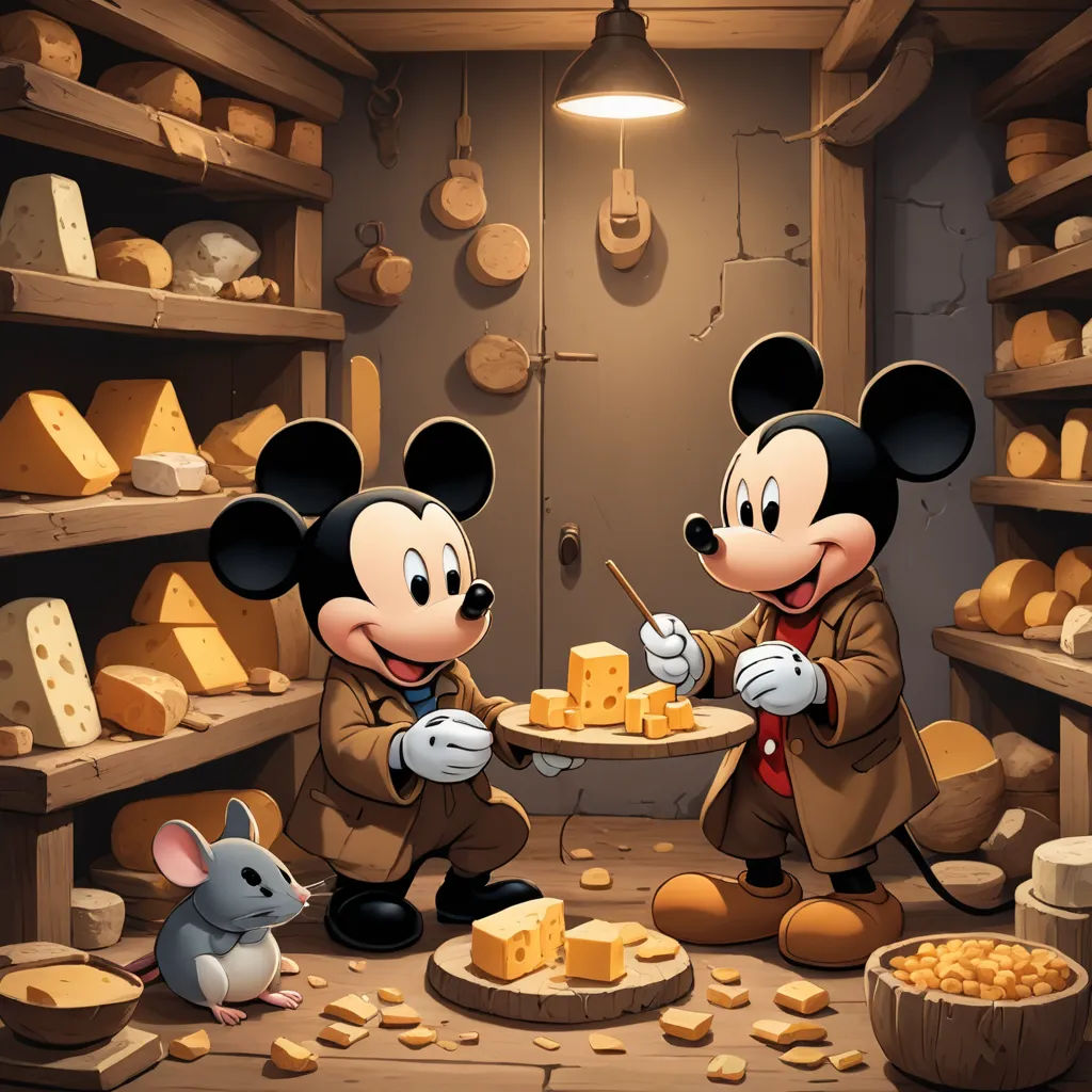 a couple of mickey mouses are eating cheese together in a room full of cheeses and cheeses, pop surrealism, a storybook illustration, Drew Struzan, official art