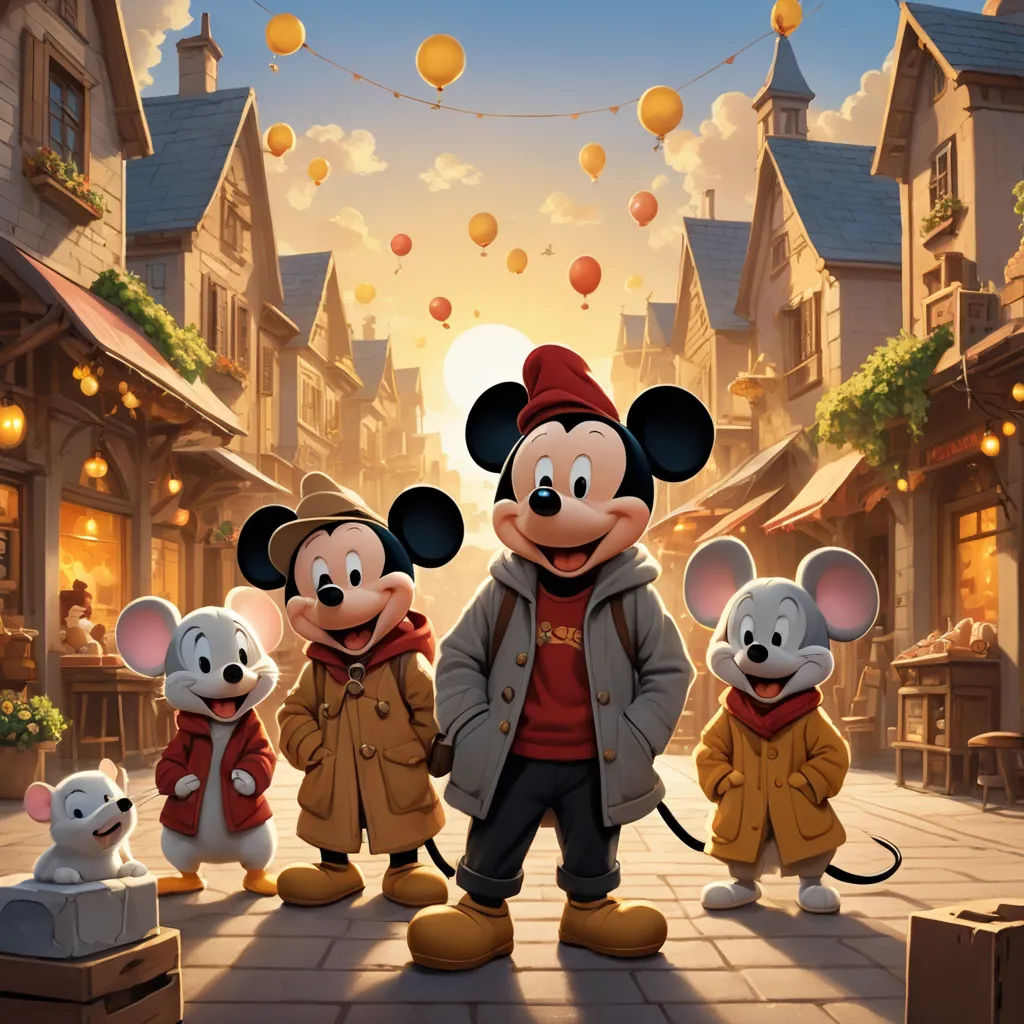 a group of cartoon mouses standing in front of a town street with a person dressed as mickey mouse, magic realism, poster art, Drew Struzan, official art