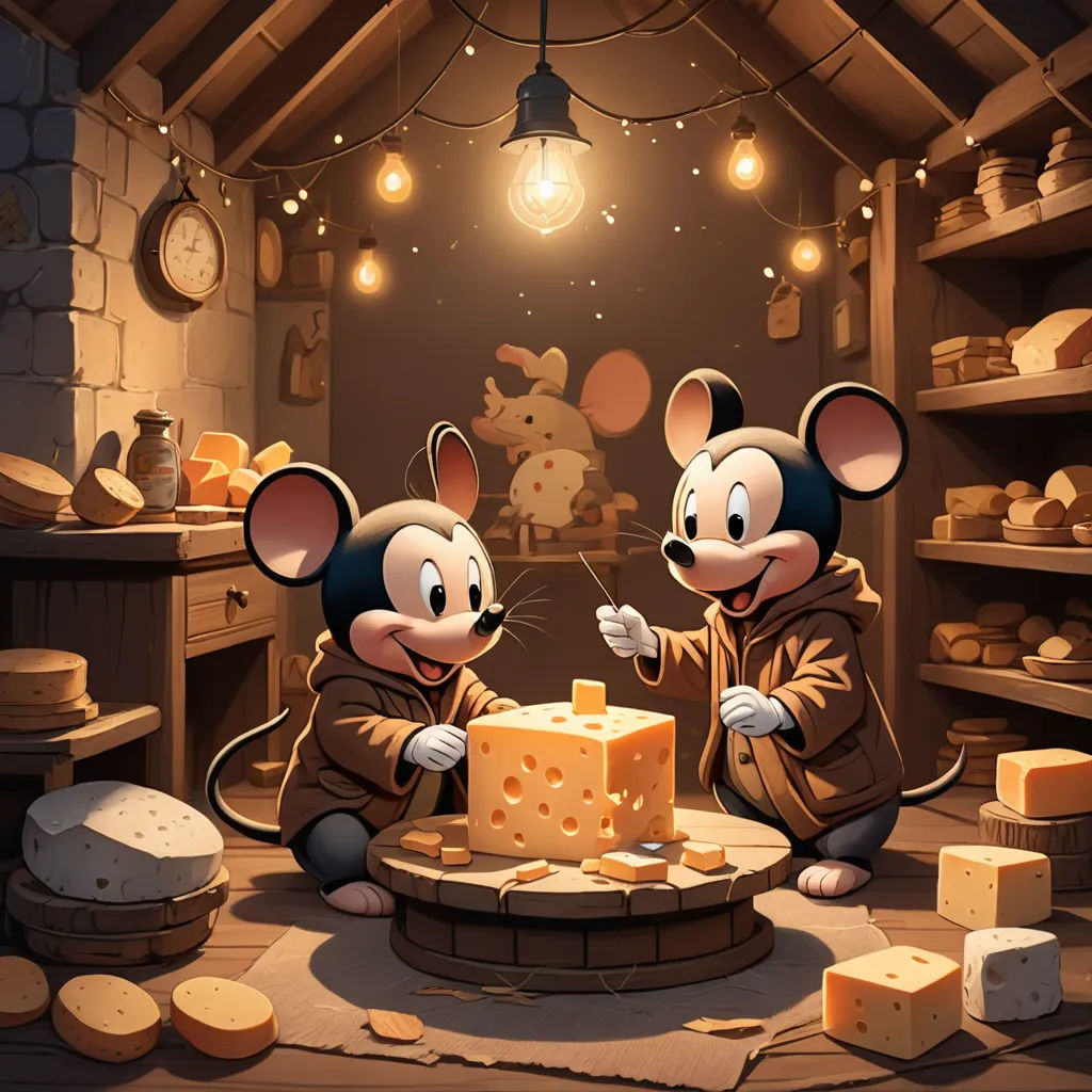 two mice are eating cheese in a room with lights and a clock on the wall and a mouse on the floor, fantasy art, a storybook illustration, Dan Mumford, rossdraws global illumination