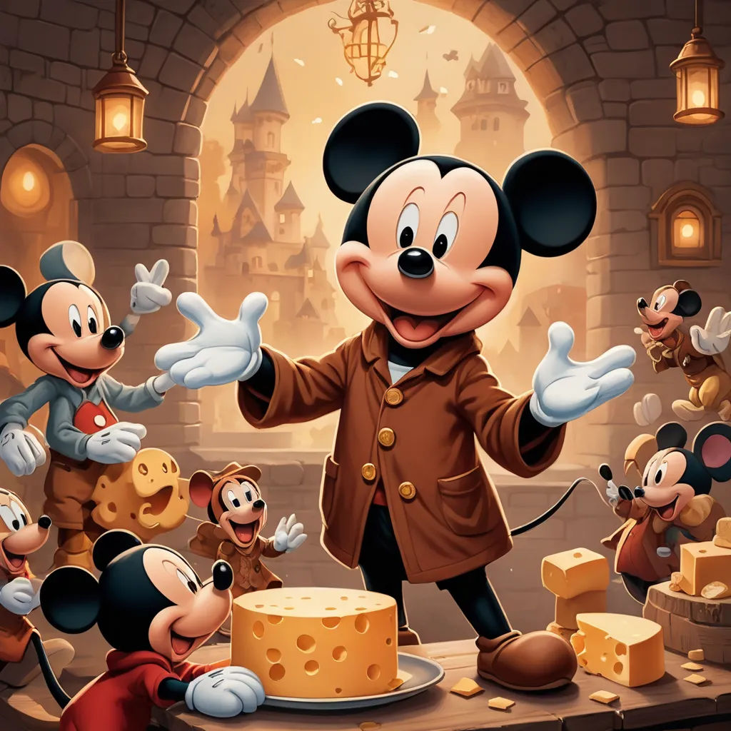 a cartoon of a mickey mouse with many other characters around him and a cake with cheese on it and a castle in the background, magic realism, a storybook illustration, Drew Struzan, official art