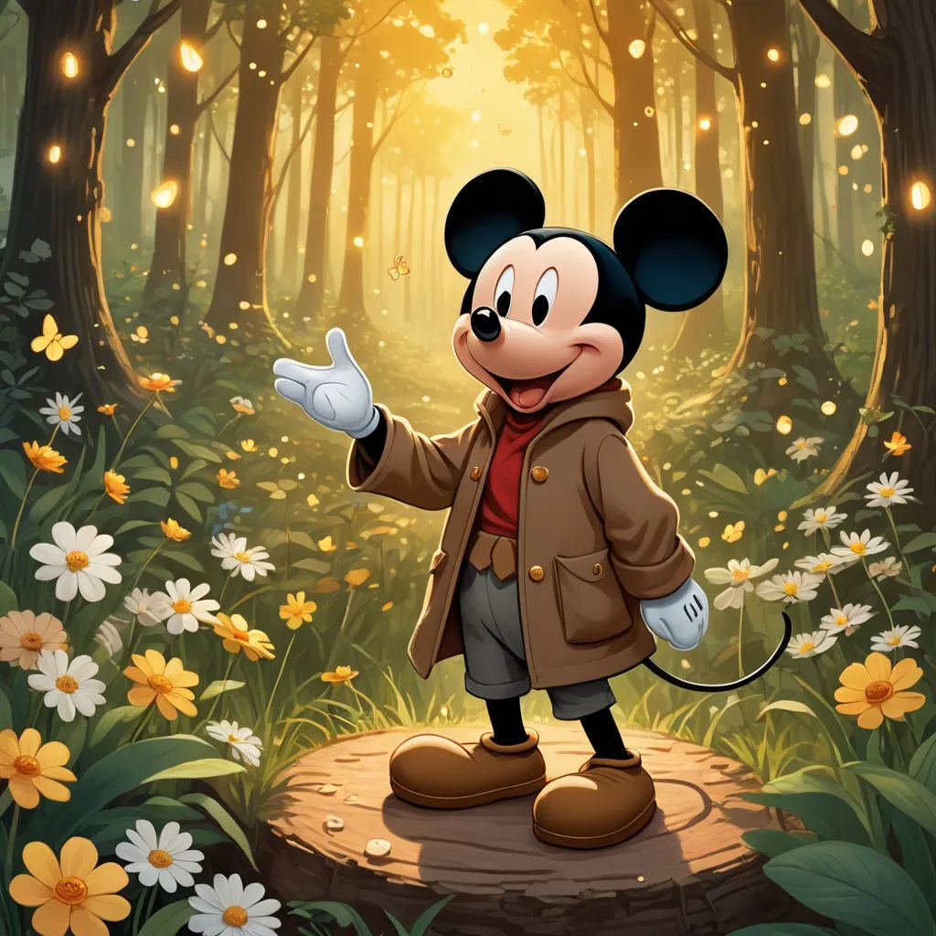 a cartoon mickey mouse in a forest with flowers and lights around him, waving to the side of the picture, magic realism, a storybook illustration, Drew Struzan, official art