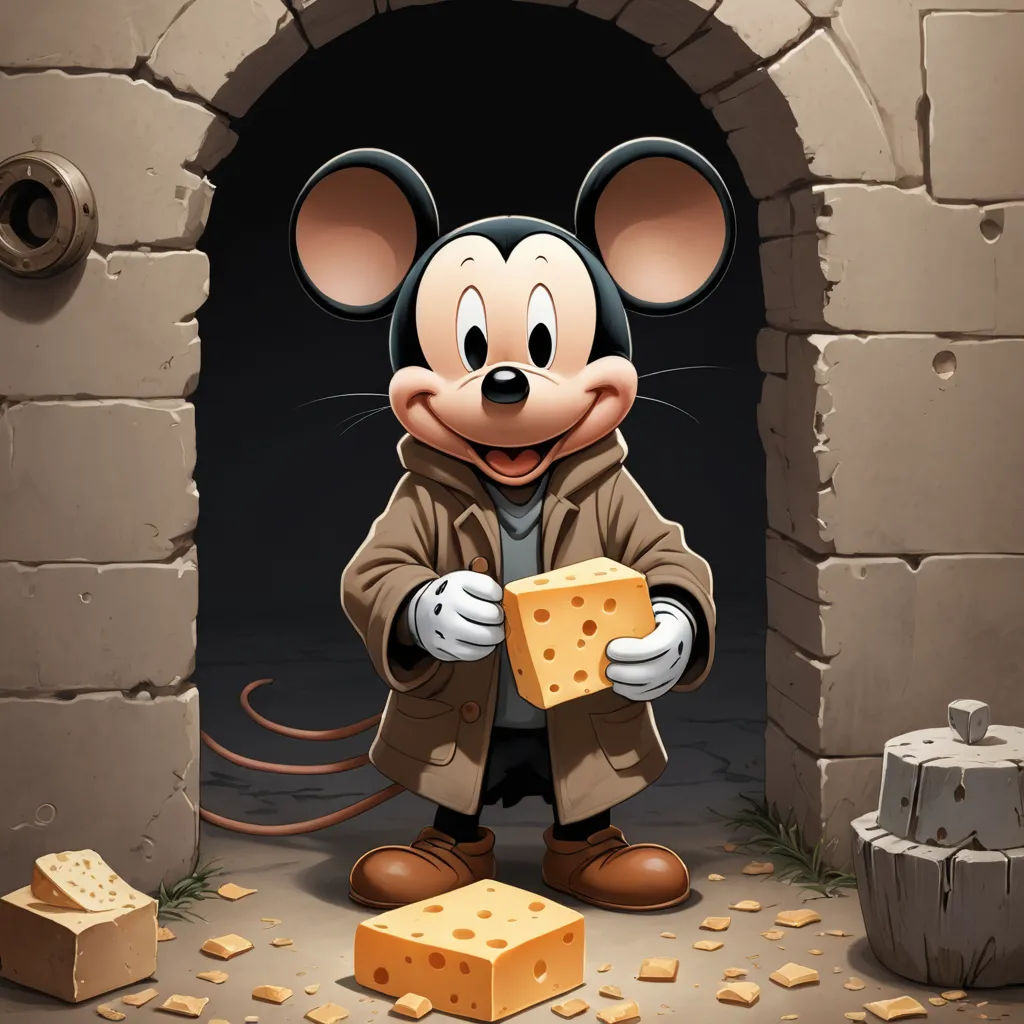 a mouse holding a block of cheese in front of a tunnel with a brick wall and a brick door, furry art, a storybook illustration, Drew Struzan, official art