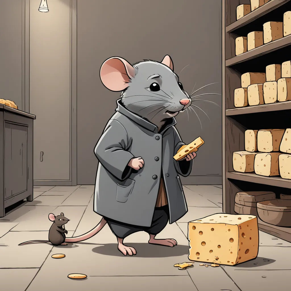 a mouse in a coat eating a piece of cheese next to a mouse in a room with shelves of cheese, underground comix, a storybook illustration, Art Spiegelman, storybook illustration