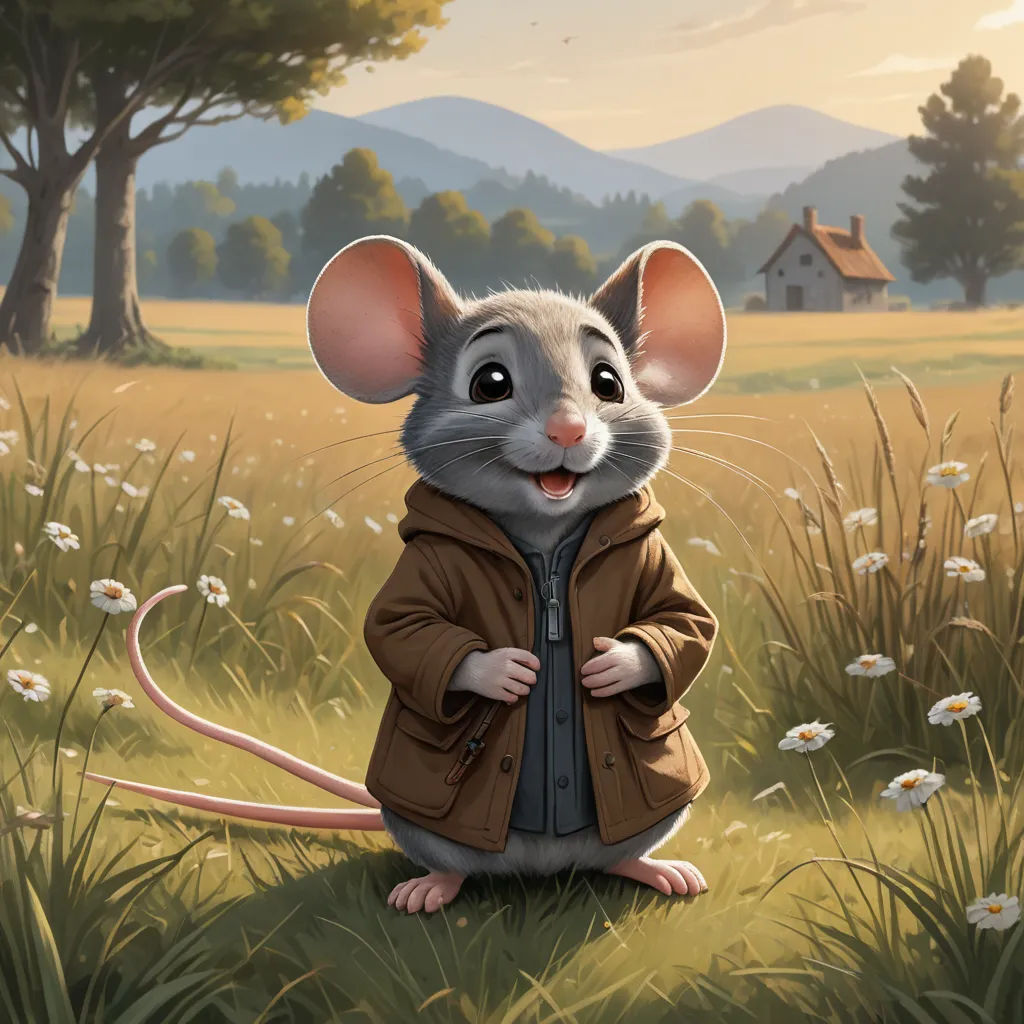 a mouse with a jacket on is standing in a field of grass and daisies with a house in the background, furry art, a character portrait, Chris LaBrooy, kinkade