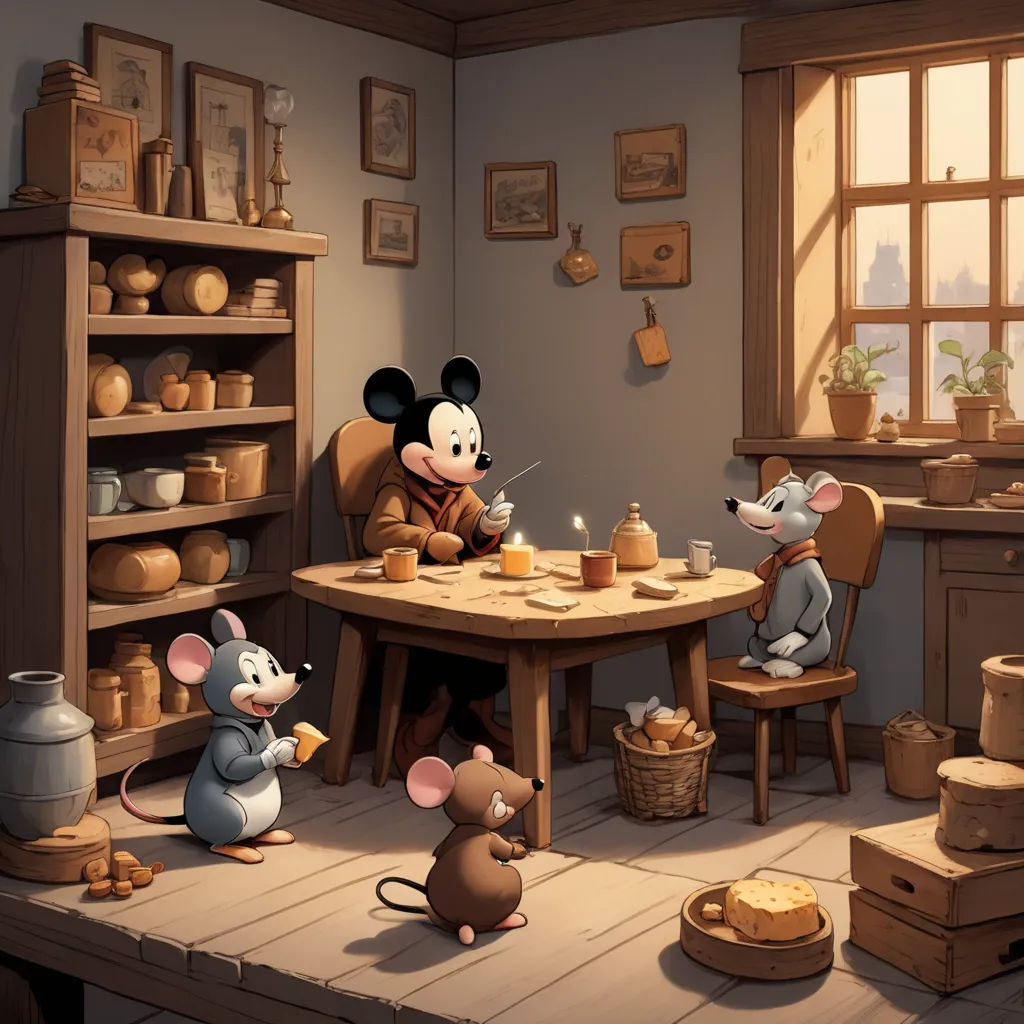 a cartoon mouse and other mice sitting at a table with cheese and cheeses on it, and a person sitting at a table with a mouse, visual art, a storybook illustration, Chris LaBrooy, storybook illustration
