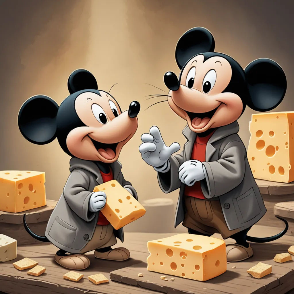 a couple of mouses are eating cheese together in a cartoon style with a mouse holding a piece of cheese, furry art, a storybook illustration, Brothers Hildebrandt, pixar and disney animation