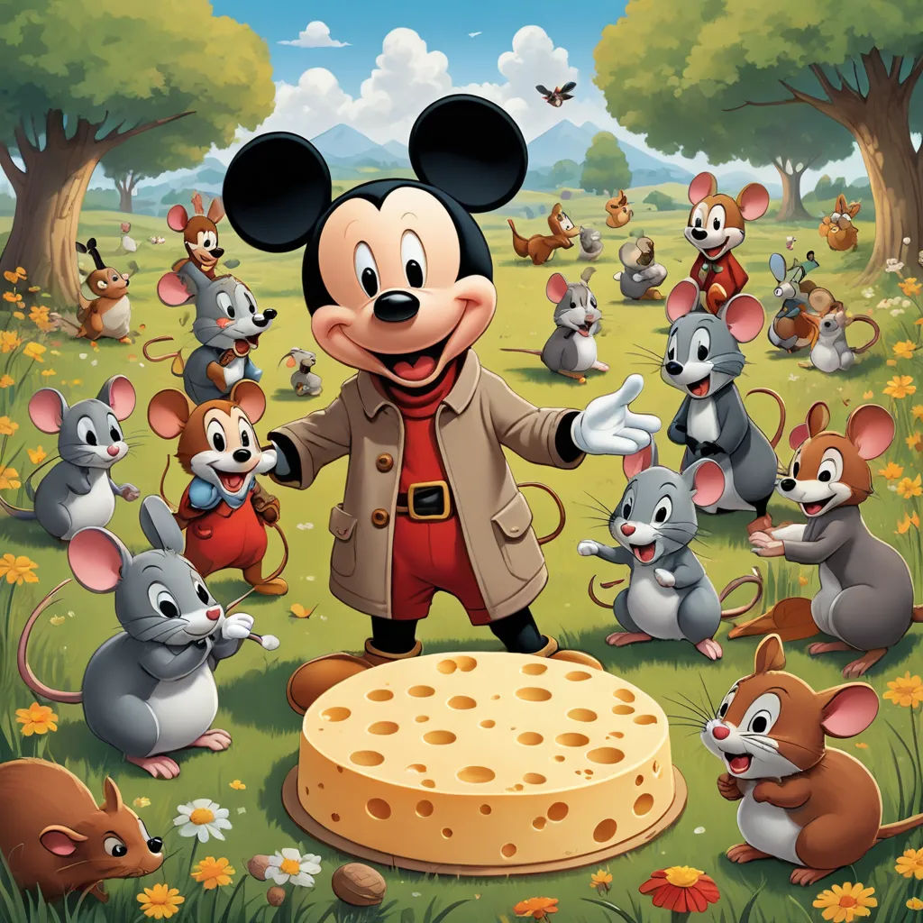 a cartoon mouse standing in front of a cheese board with many mice around it and a man in a trench coat, pop surrealism, a storybook illustration, Art Spiegelman, promotional image