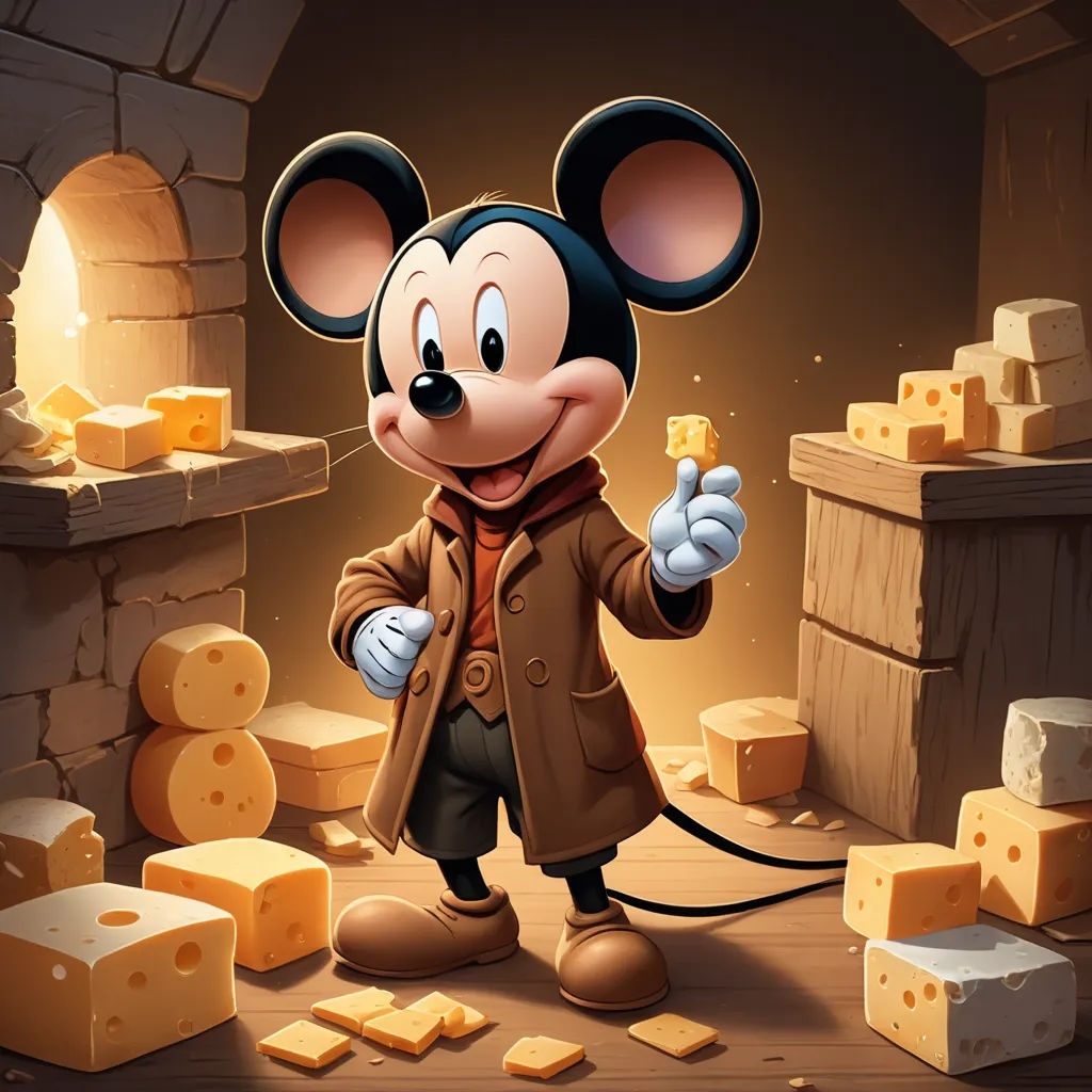 a cartoon mouse with a coat and a mouse on it's head and cheese around him, and a fireplace in the background, sots art, a character portrait, Drew Struzan, official art