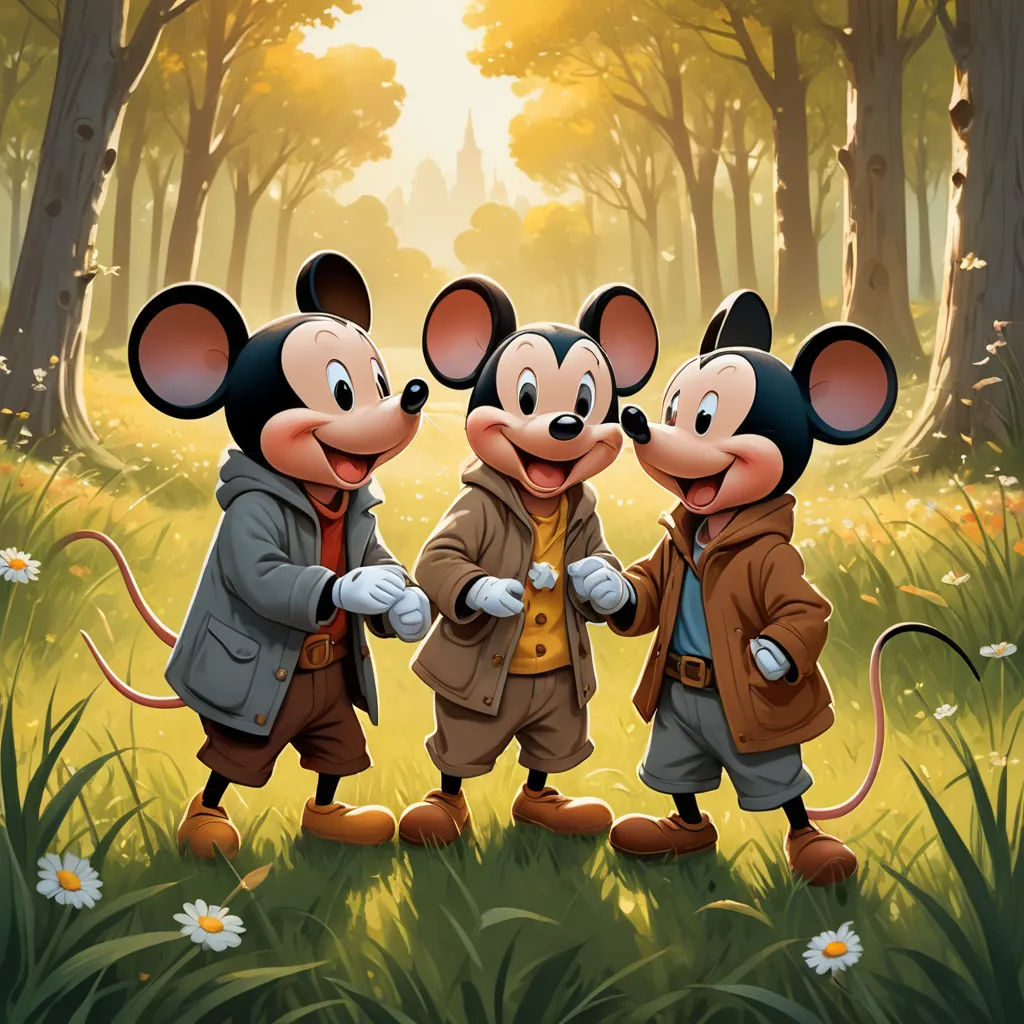 three cartoon mouses are standing in a forest with trees and flowers in the background, one is wearing a brown jacket and the other is wearing a brown coat, furry art, poster art, Brothers Hildebrandt, official art