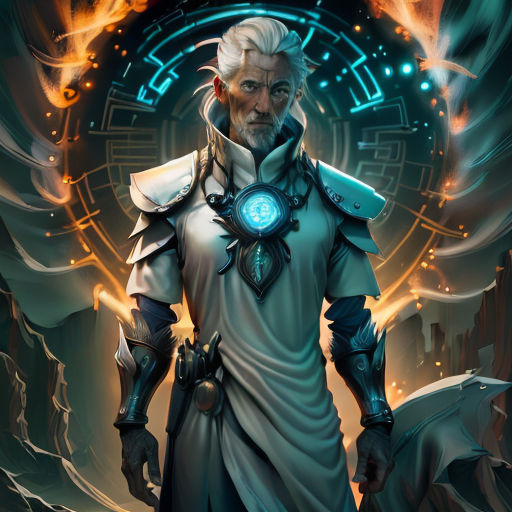 a man with a white hair and beard wearing a white outfit and holding a glowing light in his hand