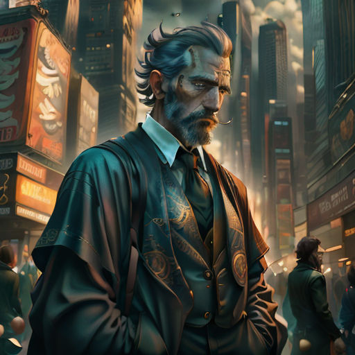 a man in a suit and tie standing in a city street with a cigarette in his mouth and a cityscape in the background