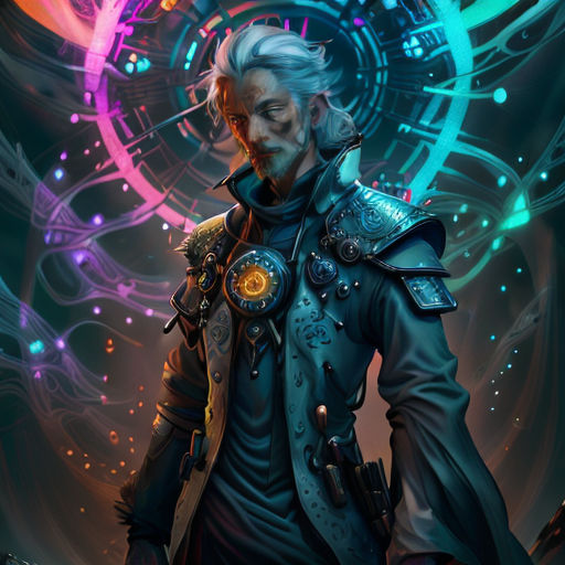 a man with a blue hair and a blue jacket is standing in front of a colorful background with circles