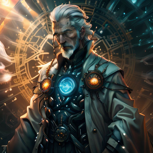 a man with a white beard and a white beard wearing a blue coat and holding a glowing orb in his hand