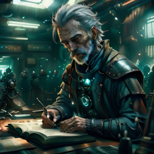 a man in a suit writing on a book in a room with other people around him and a book on a table