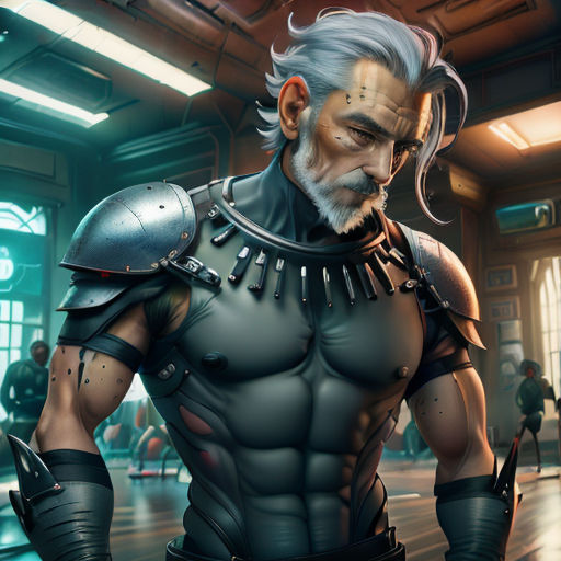 a man in a futuristic suit with a beard and a beardlocke on his head and a helmet on his head