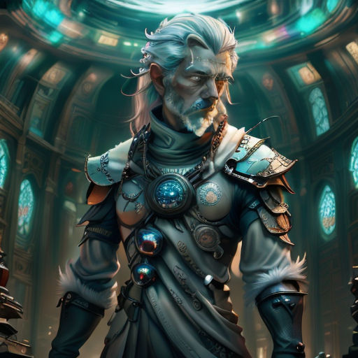 a man in armor standing in a room with a clock on the wall and a circular window behind him