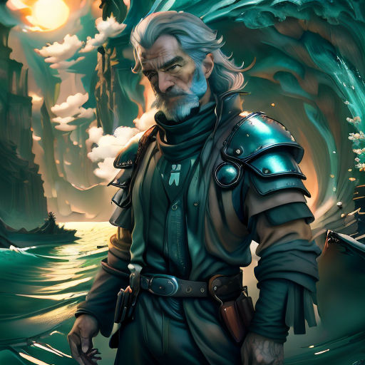 a man in a suit standing in front of a cave with a giant wave coming out of it and a sun shining behind him