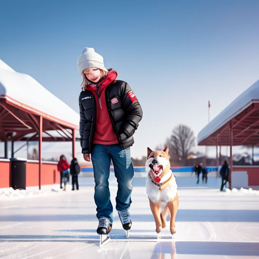 As they walked through the market, Max spotted a family ice skating together. He suddenly remembered how much he had always wanted to try ice skating but never had. The woman noticed his longing gaze and encouraged him to give it a try. The boy nervously put on a pair of skates and stepped out onto the ice. But as soon as he started gliding across the ice, he felt free and exhilarated. The dog ran alongside him, barking happily. The woman clapped and cheered him on from the side.