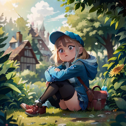 a girl sitting on the ground in a forest with a suitcase and a hat on her head, looking at the camera