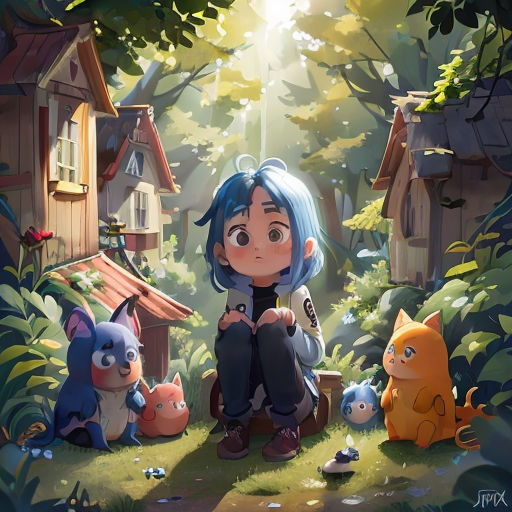 a girl sitting on a bench in the woods with her cats and a dog in front of her and a house