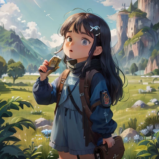 a girl in a blue dress holding a bottle of beer in her hand and looking at the sky with mountains in the background