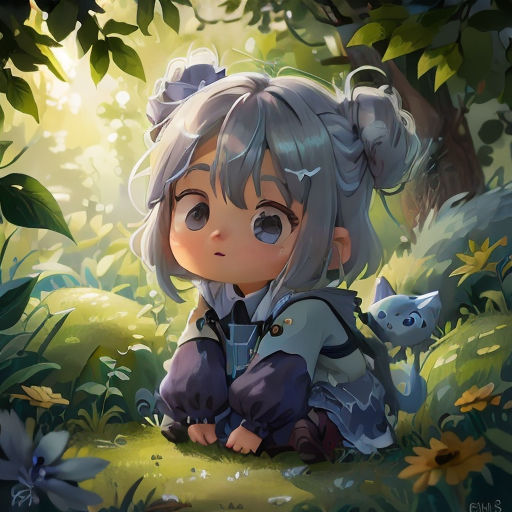 a girl sitting in the grass with a cat in her hand and a bear in the background, with a forest scene in the background