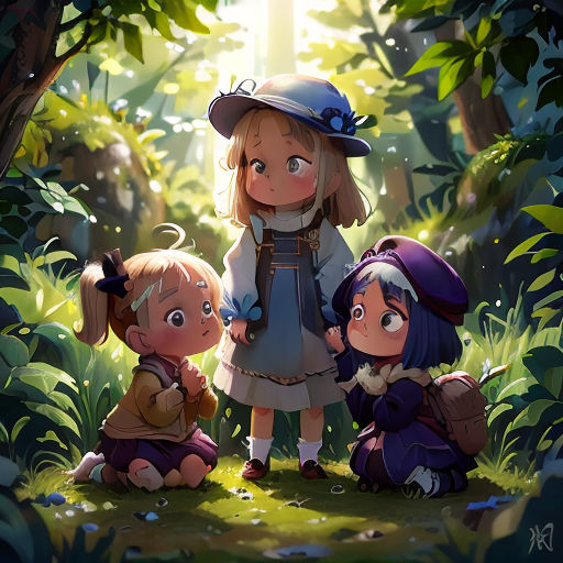 a group of children standing in the woods together, with a girl holding a blue butterfly in her hand