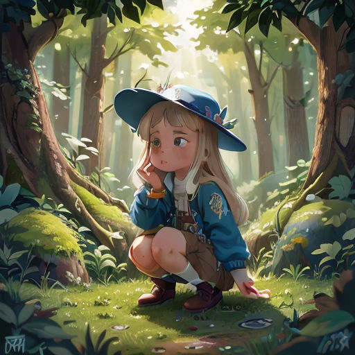 a girl in a blue hat kneeling in the woods with a forest background and trees behind her, looking at something