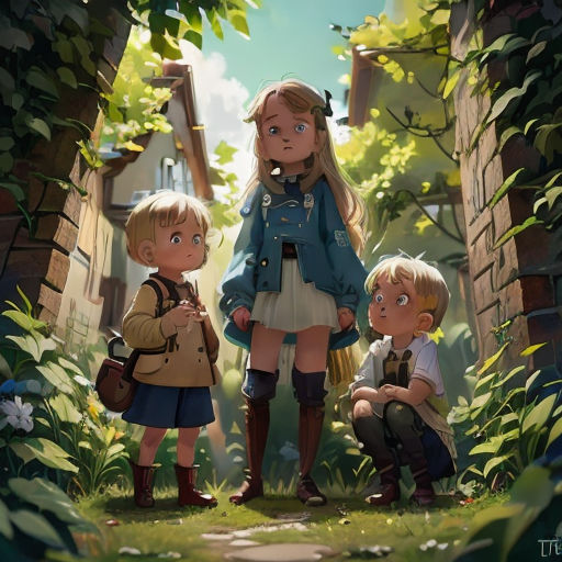 three children standing in a forest with a boy and girl looking at them in the distance, with a boy holding a backpack