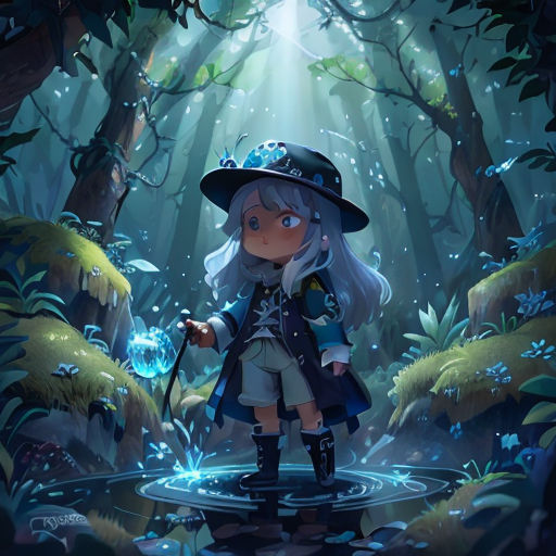 a girl in a hat and coat standing in a forest with a wand in her hand and a light shining on her