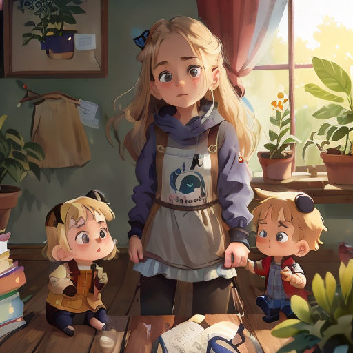 a girl and two children standing in a room with books and plants on the floor and a window behind them