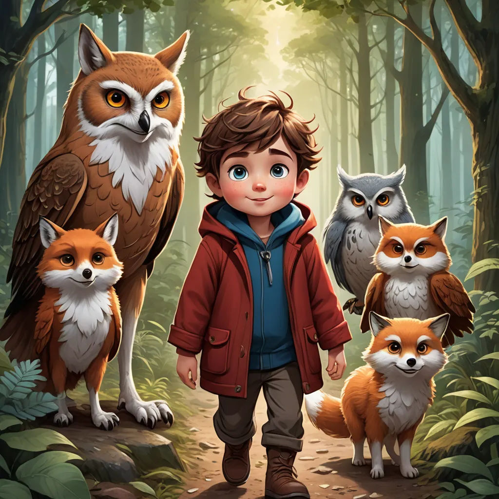 a boy standing in the woods with a group of foxes and an owl behind him, with a forest background, furry art, a storybook illustration, Cliff Childs, promotional image
