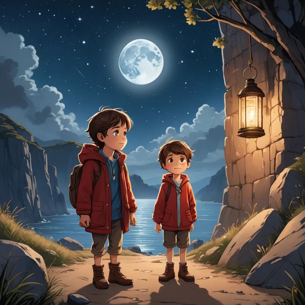 a boy and a girl standing in front of a lantern on a cliff overlooking the ocean at night with a full moon, space art, a detailed matte painting, Diego Gisbert Llorens, official art