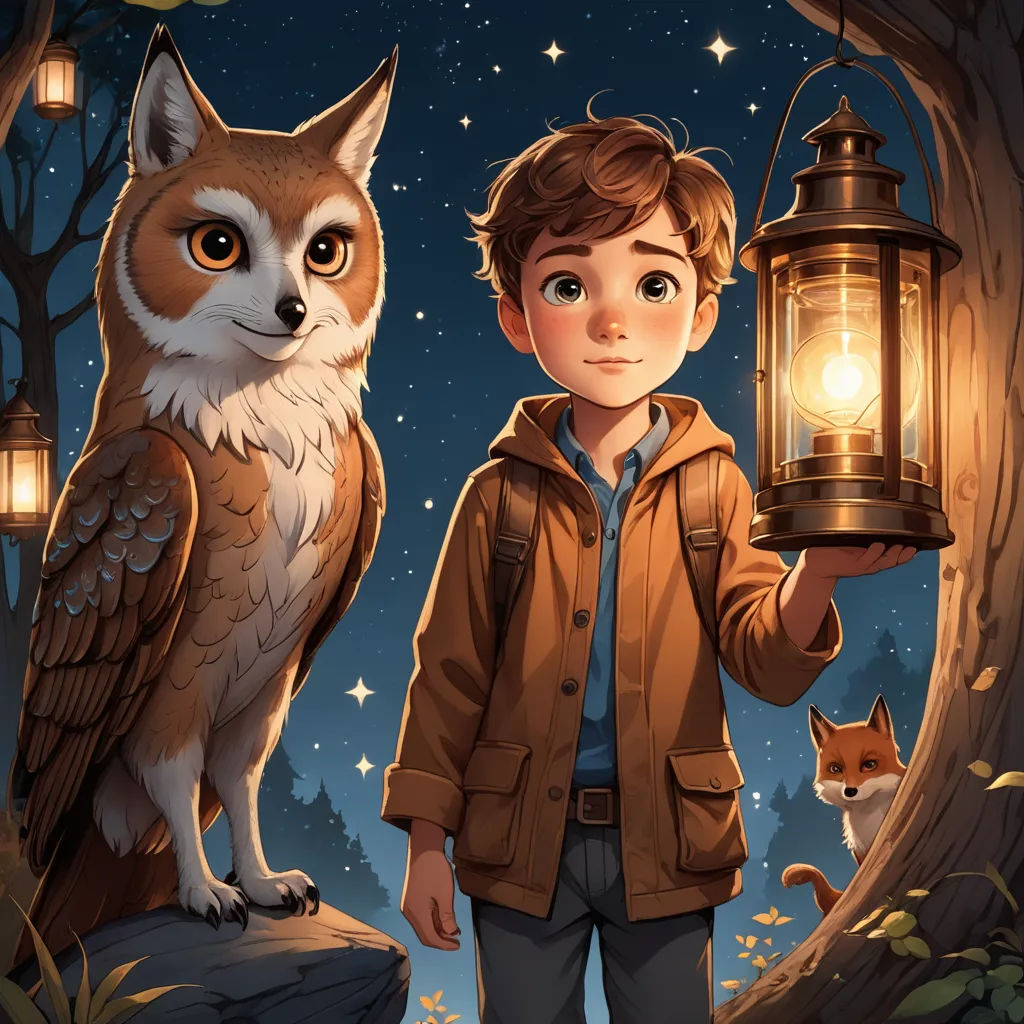a boy holding a lantern and an owl on a tree branch at night with stars and a full moon, fantasy art, a storybook illustration, Diego Gisbert Llorens, rossdraws global illumination