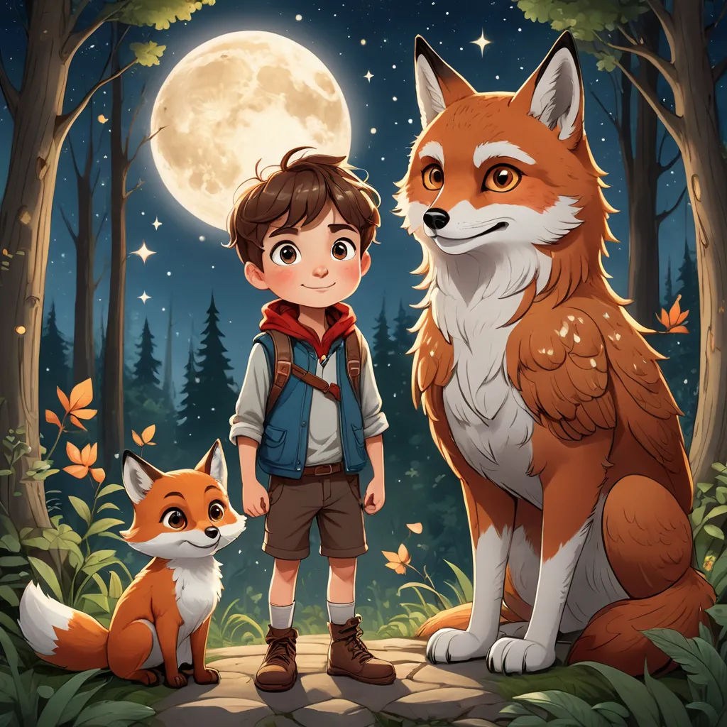 a boy and a fox in the woods at night illustration by alex krapfer for the children's book, sots art, a storybook illustration, Diego Gisbert Llorens, key art