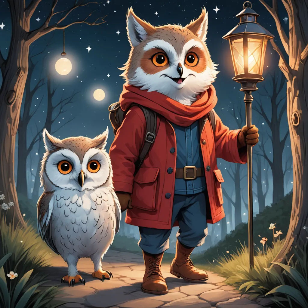 a painting of a man and an owl standing in a forest at night with a lantern on their head, fantasy art, a storybook illustration, Dan Mumford, trending on art station