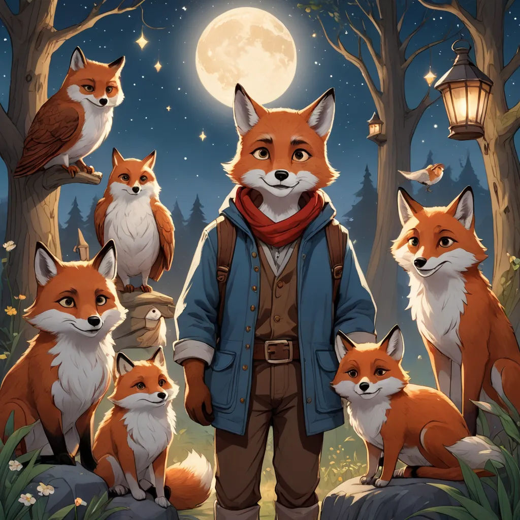 a man standing in front of a forest with foxes and a lantern on a night sky background with stars, furry art, a storybook illustration, Aaron Jasinski, official art