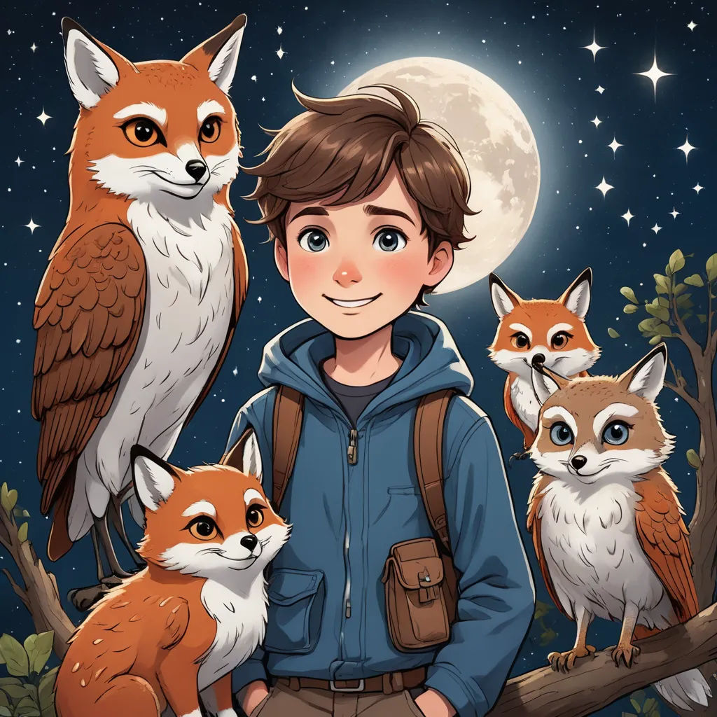 a boy standing next to a group of foxes on a tree branch with a full moon in the background, sots art, a storybook illustration, Cliff Childs, comic cover art